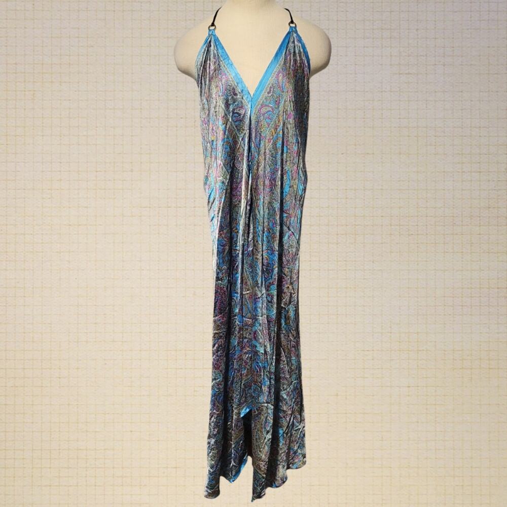 y2k Boho Rave Kariza Halter Maxi Dress Paisley V Neck Open Back Flowing Silky S